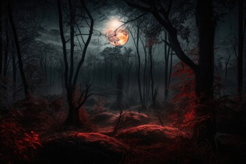 Red moon and forest lighting. Generative AI