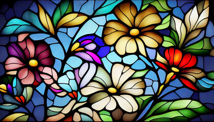 Stained glass window with flowers. Abstract colorful stainedglass background. Vintage pattern