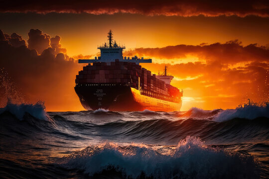 The Wonders of Nature at Sunset with a Cargo Ship, generative ai
