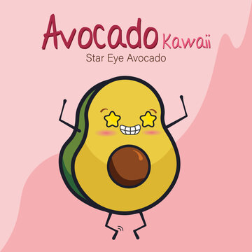 Cute Kawaii Avocado with Star Eyes Illustration