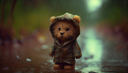 lion lost in forest in the rain by generative ai