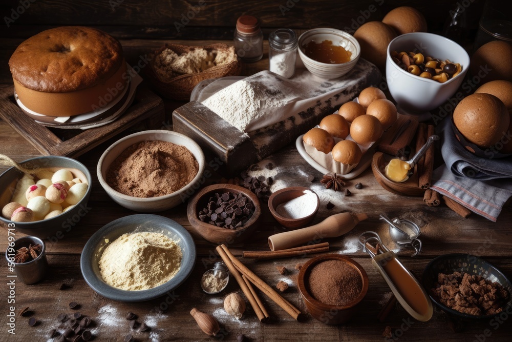 Poster Fresh ingredients for a delectable baked cake are displayed in a flat lay composition on a wooden table. Room for text. Generative AI