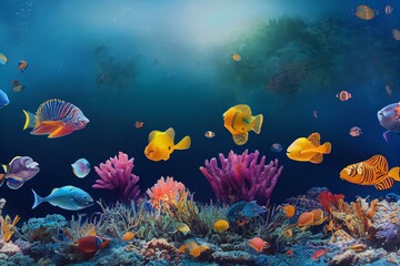 Fototapeta na wymiar Animals of the sea world. Underwater panoramic view of the coral reef. Colorful tropical fish. Ecosystem. Generative AI