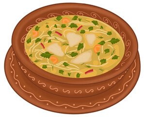 Hand-Drawn Illustration of Zeama, Traditional Moldovan, Romanian Chicken Soup. Warm and Comforting Broth with Tender Chicken and Noodles. Stock Illustration of Eastern European Cuisine.