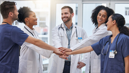 Healthcare, teamwork and doctors with nurses hands in support of planning, collaboration and...