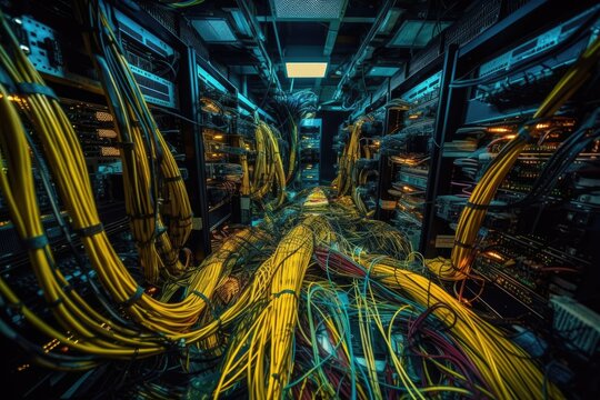In the data center area, servers are haphazardly knotted together with yellow optic wires. Generative AI