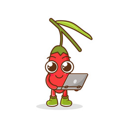 goji berry cartoon holding laptop isolated on white background