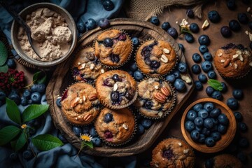 overhead view of healthy vegan banana blueberry muffins with fresh fruit. Generative AI