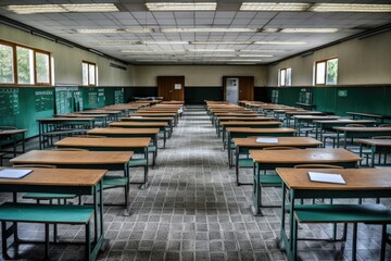 empty school class before final exams. desks and chairs are neatly arranged in three rows. overall plan. Generative AI