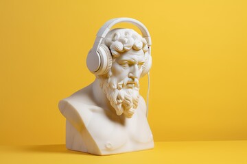 Sculpture of greek god zeus wearing headphones. Pastel background. Generative AI.