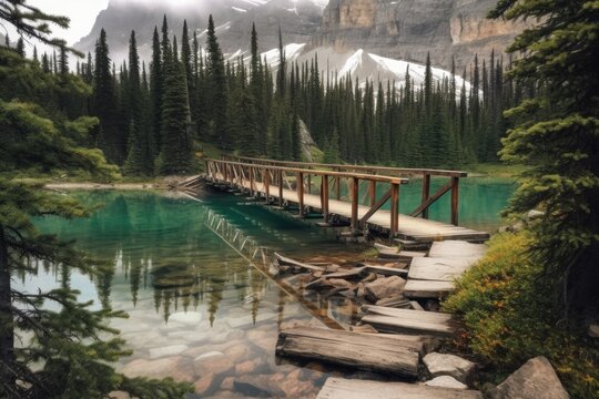 over the Emerald Lake bridge. Camping and a forest of fir trees. Canada's Yoho National Park. Generative AI