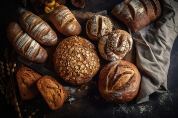 Golden rustic bread and bun crusts at a bakery against a dark chalkboard background. seen from above, a still life (top view, flat lay). Generative AI