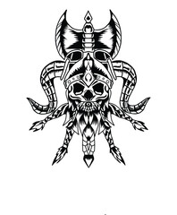 Fototapeta premium Vikings skull with axe, vector grunge illustration isolated on white background, viking tattoo emblem, logotype.