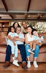Parents, kids and grandparents on sofa for portrait with love, care and vacation together in...