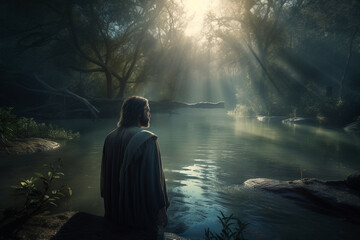 An illustration of Jesus Christ baptism at the river. Generative AI - obrazy, fototapety, plakaty