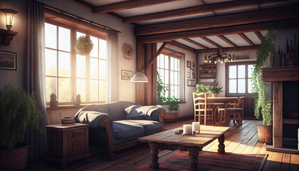 cozy interioir of a farmhouse  living room by generative ai