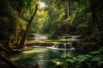 Huay Mae Kamin Waterfall, a stunning waterfall in a dense forest in the province of Kanchanaburi, Thailand. Generative AI