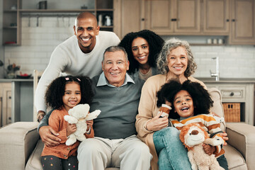 Big family, portrait smile and relax on sofa for bonding, generations or holiday in living room at...