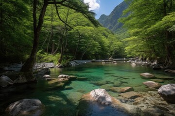 National Park of Chubu Sangaku. Kamikochi is the location. Mountains named Hotaka are nearby. Matsumoto,Nagano,Japan. end of June. Generative AI