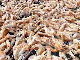 fresh shrimps on market stall