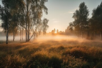 Fototapeta na wymiar Summertime sunrise on a field with grass, fog, and young birch trees in the background. Landscape. Generative AI
