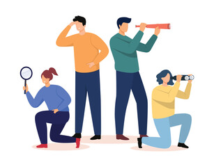 Business team looking for new people. Concept of searching for opportunities, decisions, new business ideas or staff. Vector illustration.