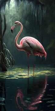 Stunning photo of the flamingo in the swamp.  Generative AI