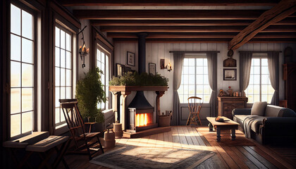 Fototapeta na wymiar cozy interioir of a farmhouse living room by generative ai