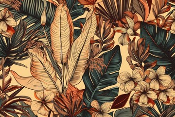Fototapety  Illustration of a seamless design with ethnic tribal leaves and orchid blooms. vintage folkloric palm leaves and vivid monstera plants. repeating fabric texture theme. Background of beige tone