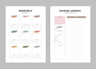 Bookshelf and reading journal planner. Minimalist planner template set. Vector illustration.