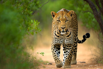 Stunning Leopard coming towards along the road. Generative AI - obrazy, fototapety, plakaty