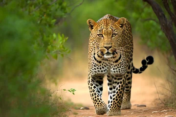 Foto op Plexiglas Stunning Leopard coming towards along the road. Generative AI © nadunprabodana