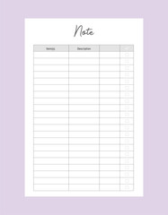 Notes planner. Minimalist planner template set. Vector illustration.