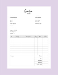 Order Form planner. Minimalist planner template set. Vector illustration.