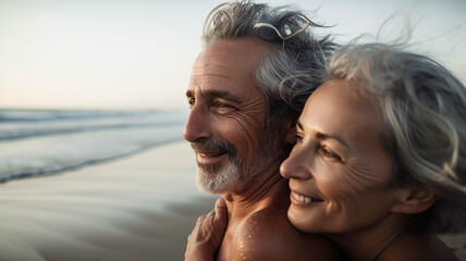 Close-up of a mature couple in the beach. Generative AI