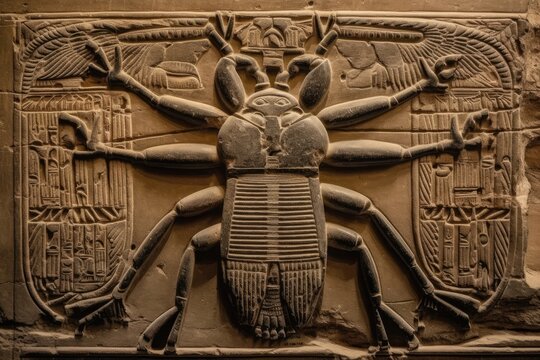 On the entryway of the Edfu temple is a carving of a flying scarab beetle. Egypt. Generative AI