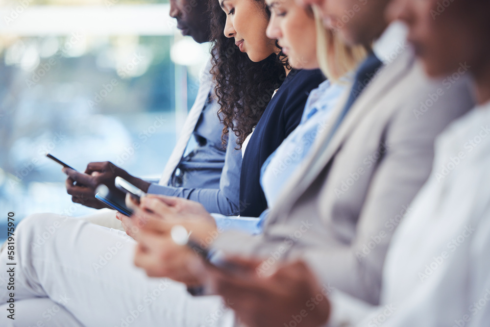 Aufkleber business people, hiring and hands with phone in waiting room for networking, social media or communi