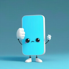 Hand chibi holding mobile phone with empty screen. Cartoon smartphone isolated on blue background. Phone device Mockup. Marketing time banner template