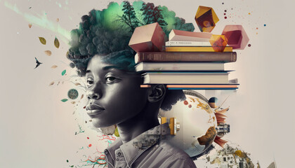 Knowledge and science boy with books artistic graphic collage - Generative AI illustration