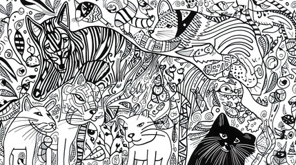 black and white line drawing illustration in doodle art style of cats and dog