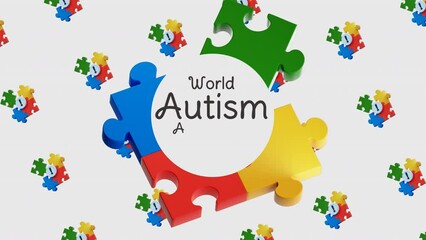 World Autism Awareness Day greeting animation text, lettering with puzzle ornament in gray background, for banner, social media feed wallpaper stories