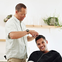 Father, man and shaving hair in home for grooming, cleaning and trimming. Smile, laughing and happy male or son getting haircut with electric shaver from senior dad for hairstyle and bonding in house