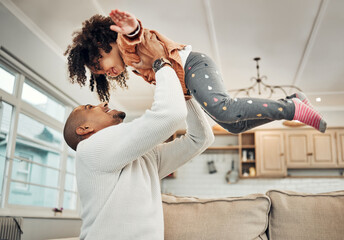 Love, father and girl in air, quality time and happiness in living room, carefree and bonding...
