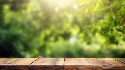 wooden table with blur green nature background for display product