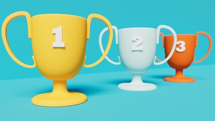 gold, silver and bronco trophies arranged at the same level, concepts of triumph, 3d rendering, horizontal position, blue color background