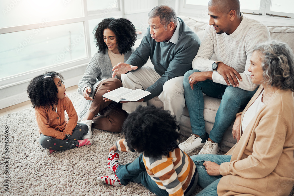 Poster Family with book for reading, surprise with fantasy and grandparents with parents and kids at home for storytelling. Wow, shock and imagine, generations and happy people with novel, bond and love