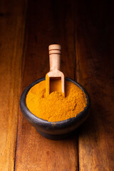 Turmeric Powder in a Wooden Spoon and Bowl