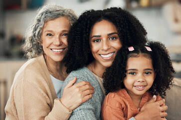 Happy family, portrait and hug by girl with mother and grandmother on sofa, smile and sweet on blurred background. Face, row and generations of women relax on couch, bond and embrace in living room - obrazy, fototapety, plakaty