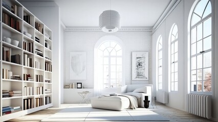 White study interior full of light with a white brick wall and arched windows: empty, blank, nobody, no people, photorealistic, illustration, 5K, Generative AI