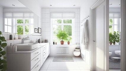 Bathroom interior in white color with a view: empty, blank, nobody, no people, photorealistic, illustration, 5K, Generative AI